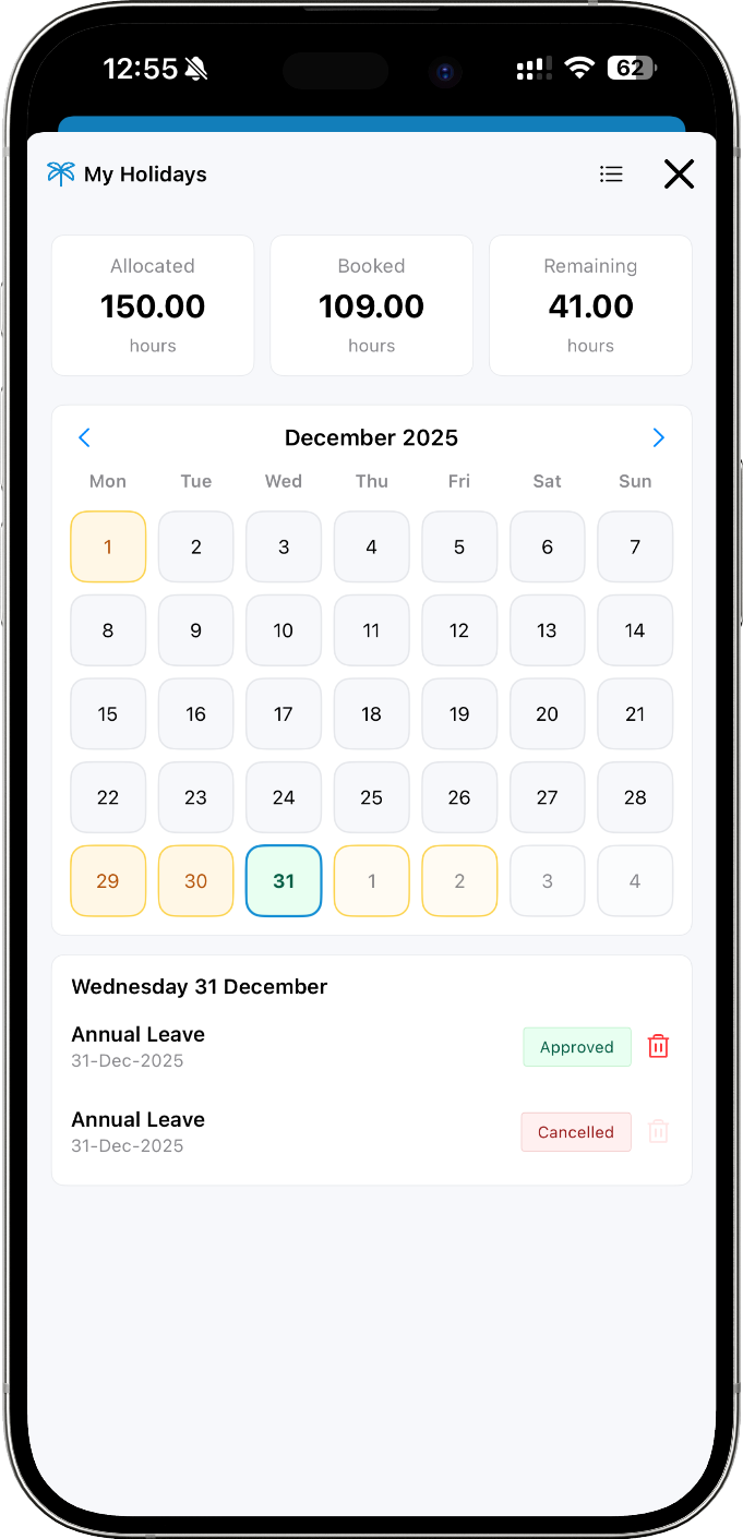 WC Employee app screenshot