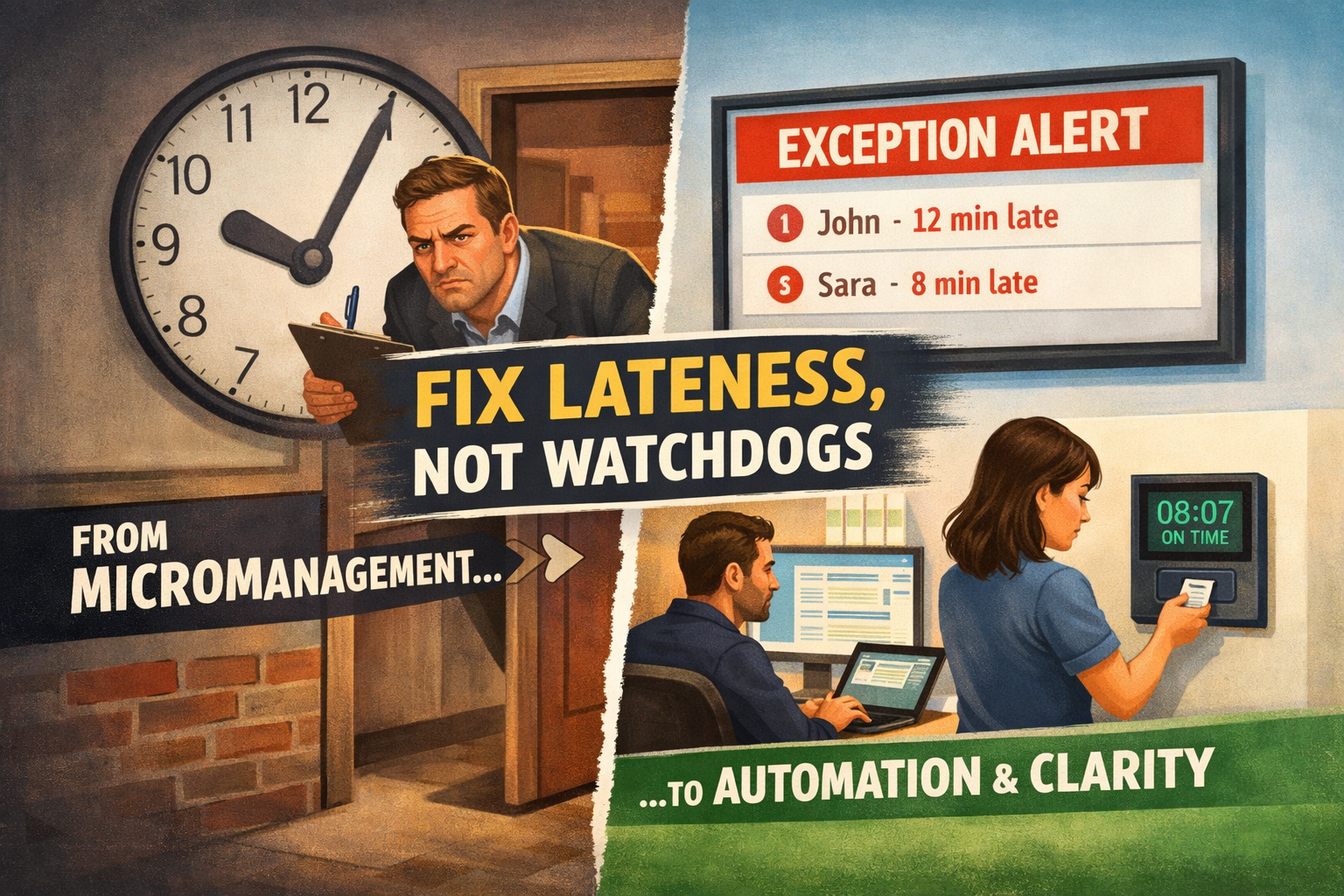 How to Reduce Late Arrivals Without Micromanaging – WorkClocking blog cover